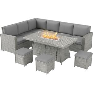 Outsunny 7 Pieces PE Rattan Garden Furniture Set, 50,000 BTU Gas Fire Pit Table, Double Corner Sofa and 3 Footstools for Conservatory, Grey
