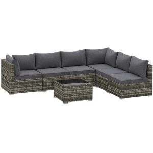 Outsunny 7 Pieces Outdoor PE Rattan Corner Sofa Set, Patio Wicker Conversation Chaise Lounge Furniture w/ Tempered Glass Table-top & Soft Padded Cushion for Garden, Backyard, Lawn, Dark Grey