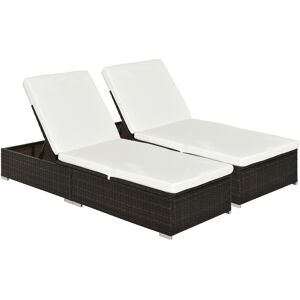 Outsunny 2 Pieces Outdoor PE Rattan Sun Loungers set of 2 w/ Cushion, Garden Wicker Sunbed Furniture w/ 5-Level Recliner Backrest, Brown Aosom UK