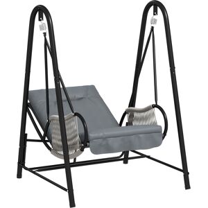 Outsunny Rattan Swing Chair, Outdoor Garden Hanging Swing Seat with Stand and Seat Cushion, Porch Hanging Chair for Balcony, Garden, Deck, Light Grey