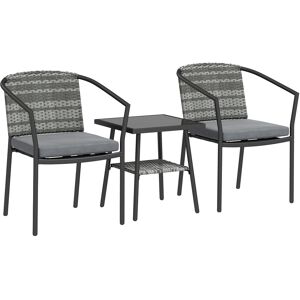 Outsunny 3 Pieces Rattan Bistro Set with Cushions, Wicker Garden Furniture Set, Glass Top Coffee Table and Chairs for Outdoor Patio, Balcony, Terrace and Conservatory, Grey