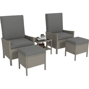Outsunny 5 Piece Rattan Garden Furniture Set, Wicker Outdoor Furniture with 2 Armchairs, 2 Footstools and Glass Top Coffee Table with Shelf, Cushions for Patio Balcony, Dark Grey
