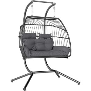 Outsunny Rattan Double Hanging Egg Chair with Stand, Foldable Wicker Swing Egg Chair with Cushion, Head Pillows, Steel Frame, Hammock Chair for Indoor Outdoor, Capacity 260 kg, Dark Grey