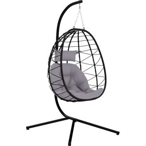 Outsunny Hanging Egg Chair Outdoor Indoor Garden Swing Chair with Folding Basket, Thickened Cushion, Stand, Headrest for Patio, Balcony, Grey