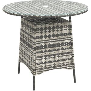 Outsunny Wicker Garden Rattan Table, Patio Furniture Outdoor Coffee Table with Umbrella Hole and Tempered Glass Top, Grey