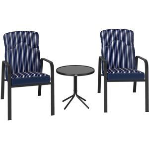 Outsunny 3-Piece Patio Bistro Set, 5-Position Adjustable Recliner Garden Chairs and Tempered Glass Table, Garden Furniture Set with Cushions, High Back, Armrests, Metal Frame for Balcony Patio, Blue