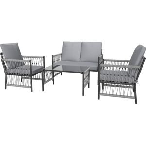 Outsunny 4 Piece Rattan Garden Furniture Set, 4 Seater Wicker Patio Conversation Set with 2 Armchairs, Loveseat, Glass Top Coffee Table and Cushions for Outdoor, Balcony, Grey