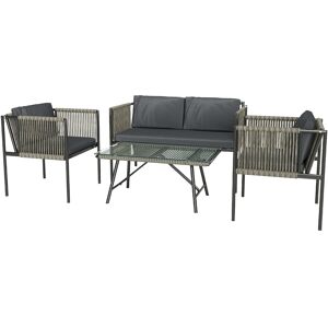 Outsunny 4 Piece Rattan Garden Furniture Set, 4 Seater Wicker Outdoor Furniture Set with 2 Armchairs, Loveseat, Glass Top Coffee Table and Cushions for Balcony, Porch, Grey