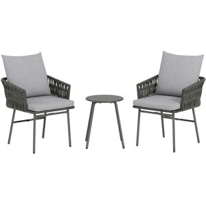 Outsunny 3-Piece Rattan Bistro Set, Garden Table and Chairs with 4 Cushions, Patio Rattan Conversation Furniture Set for Balcony, Porch, Terrace, Grey