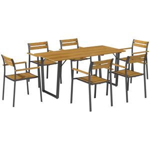 Outsunny 7 Piece Garden Dining Set, Fir Wood Garden Furniture Set with Rectangle Table and 6 Stackable Chairs, Umbrella Hole, Slatted Top and Steel Frame, for Patio Balcony Porch, Brown