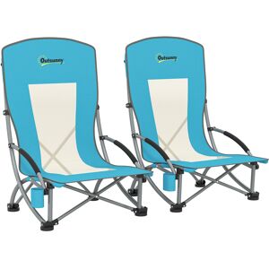 Outsunny Set of 2 Folding Beach Chair, Low Camping Chair with Mesh Back, Carry Bag and Cup Holder for Garden Outdoor Picnic Festival Travel, Blue