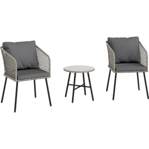 Outsunny 3 Piece Rattan Bistro Set with 2 Chairs, Tempered Glass Table, Cushions, Adjustable Foot Pads for Garden, Balcony, Grey