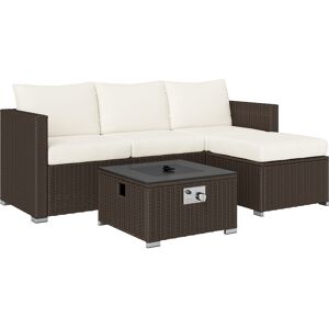 Outsunny Five Piece Rattan Garden Furniture Set with Gas Fire Pit Table and Footstool - Brown and Cream White