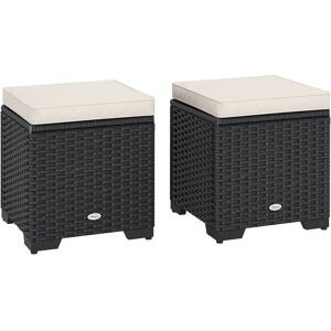 Outsunny Set of 2 Rattan Storage Ottoman, Outdoor Footstool with Removable Cushions, Garden Storage Seat for Balcony, Poolside, Living Room, Cream