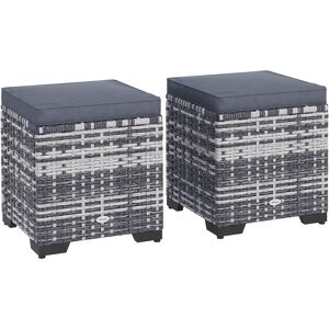 Outsunny Set of 2 Rattan Storage Ottoman, Outdoor Footstool with Removable Cushions, Garden Storage Seat for Balcony, Poolside, Living Room, Dark Grey