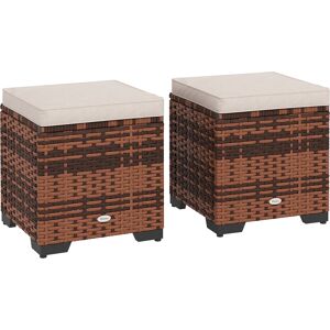 Outsunny Set of 2 Rattan Storage Ottoman, Outdoor Footstool with Removable Cushions, Garden Storage Seat for Balcony, Poolside, Living Room, Beige