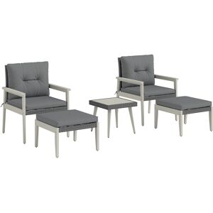 Outsunny 5 Pieces Rattan Garden Furniture Set, Patio Conversation Set with Cushions, Acacia Wood Top Coffee Table and Footstools, Outdoor Table and Chairs for Balcony, Terrace and Conservatory, Grey