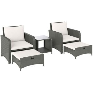 Outsunny Five Piece Rattan Garden Furniture Set with 2-Tier Coffee Table and Ottomans - Cream White