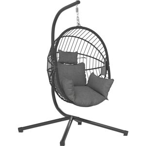 Outsunny Outdoor Swing Chair with Thick Padded Cushion, Patio Hanging Chair with Metal Stand, Foldable Basket, Cup Holder, Rope Structure