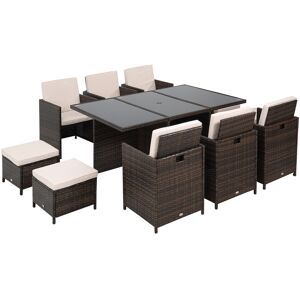 Outsunny Outdoor 11pc Rattan Garden Furniture Patio Dining Set 10-seater Cube Sofa Weave Wicker 6 Chairs 4 Footrests & 1 Table Mixed Brown Aosom UK