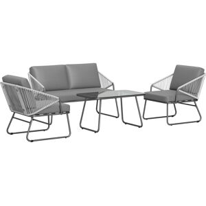 Outsunny 4 Piece Rattan Garden Furniture Set, Wicker Patio Outdoor Furniture Set with Loveseat, Glass Top Coffee Table for Patio, Balcony, Grey