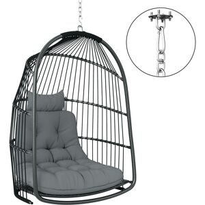 Outsunny Hanging Egg Chair Outdoor Indoor Rattan Swing Chair with Installation Kit, Foldable Garden Hanging Seat with Thickened Cushion, Headrest, Dark Grey