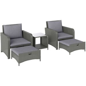 Outsunny Five Piece Rattan Garden Furniture Set with 2-Tier Coffee Table and Ottomans - Grey