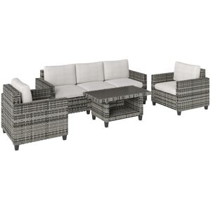 Outsunny 6 Pieces Rattan Garden Furniture Set, 5 Seater Wicker Outdoor Furniture Set with 2 Armchairs, Steel Frame Coffee Table and Cushions for Balcony, Porch, Light Grey
