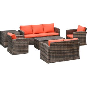 Outsunny 6 Pieces Rattan Garden Furniture Set, 7 Seater Wicker Outdoor Furniture Set with Storage Tea Table, Side Table, Cushions, Orange