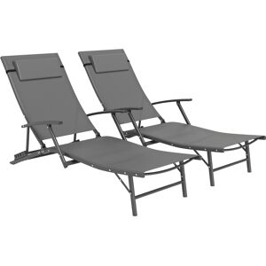 Outsunny Set of 2 Folding Sun Loungers for Garden, 4 Positions Adjustable Outdoor Chaise Lounge Chairs with Armrests, Pillows, Grey