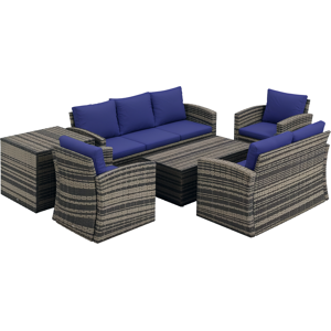 Outsunny 6 Pieces Rattan Garden Furniture Set, 7 Seater Wicker Outdoor Furniture Set with Storage Tea Table, Side Table, Cushions, Navy Blue