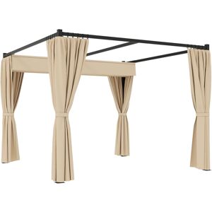 Outsunny 3 x 3(m) Retractable Pergola, Garden Gazebo Shelter with Curtains, for Grill, Patio, Deck, Beige