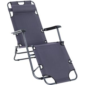 Outsunny 2 in 1 Sun Lounger Folding Reclining Chair Garden Outdoor Camping Adjustable Back with Pillow Grey Aosom UK