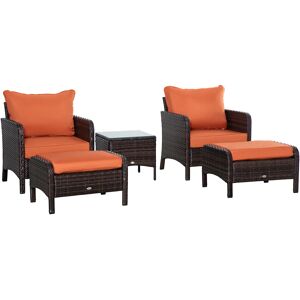 Outsunny 5 Pcs PE Rattan Garden Furniture Set, 2 Armchairs 2 Stools Glass Top Table Cushions Wicker Weave Chairs Outdoor Seating, Brown