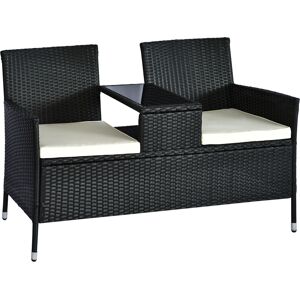 Outsunny 2 Seater Rattan Campanion Chair Wicker Loveseat Outdoor Patio Armchair with Drink Table Garden Furniture - Black Aosom UK