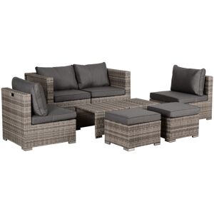 Outsunny 6-Seater Rattan Garden Furniture 6 Seater Sofa & Coffee Table Set Outdoor Patio Furniture Wicker Weave Chair Space-saving Compact, Grey