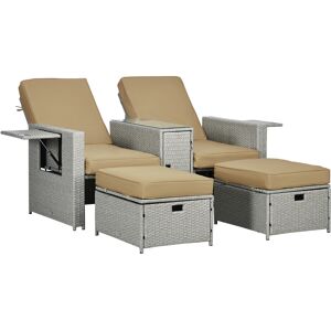 Outsunny 5PC PE Rattan Sun Lounger, Outdoor Wicker 5-level Adjustable Recliner Sofa Bed with Storage Side Table Footstools, for Patio, Garden, Beige