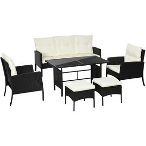 Outsunny 5 Seater Rattan Garden Furniture Set Wicker Sofa Armchairs Footstools and Glass Table Patio Rattan Sofa Sets with Cushions, Black Aosom UK