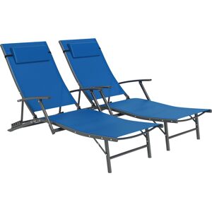Outsunny Set of 2 Folding Sun Loungers for Garden, 4 Positions Adjustable Outdoor Chaise Lounge Chairs with Armrests, Pillows, Blue