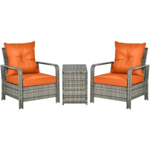 Outsunny 3 pcs PE Rattan Wicker Garden Furniture Patio Bistro Set Weave Conservatory Sofa Storage Table and Chairs Set Orange Cushion, Mixed Grey