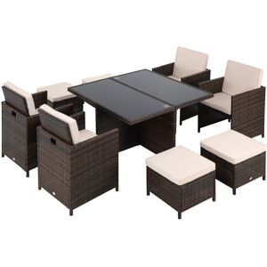 Outsunny 9PC Rattan Garden Furniture Set 8-seater Wicker Outdoor Dining Set Chairs + Footrest + Table Thick Cushion - Brown