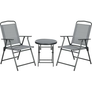 Outsunny 3 Pcs Garden Table and Chairs, Outdoor Bistro Set, Patio Conversation Furniture Set w/ Foldable Armchairs, Glass Top Coffee Table, Light Grey