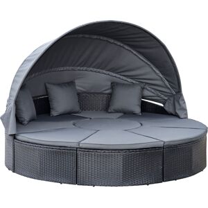 Outsunny 4 Pieces PE Rattan Garden Daybed Set, Outdoor Wicker Cushioned Round Sofa Bed Conversation Furniture with Coffee Table & Canopy, Black