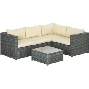 Outsunny 3Pcs Rattan Garden Furniture 4 Seater Outdoor Patio Corner Sofa Chair Set with Coffee Table Thick Cushions, Beige