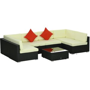 Outsunny 7 Pieces PE Rattan Garden Furniture Set w/ Thick Padded Cushion, Patio Garden Corner Sofa Sets w/ Glass Coffee Table and Pillows Aosom UK