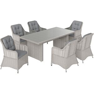 Outsunny 7 PCS Outdoor PE Rattan Dining Table Set, Patio Wicker Aluminium Chair Furniture w/ Tempered Glass Table Top, Grey