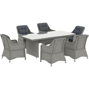 Outsunny 6 Seater Rattan Dining Set, Round PE Rattan Garden Furniture Set with Seat and Back Cushions, Aluminium Outdoor Dining Table and Chairs with 6 Armchairs, Rectangular Glass Top Table, Grey