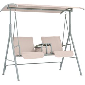 Outsunny 2 Seater Garden Swing Chair Patio Rocking Bench w/ Tilting Canopy, Double Padded Seats, Storage Bag and Tray, Beige