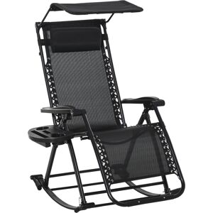Outsunny Garden Rocking Chair Folding Recliner Outdoor Adjustable Sun Lounger Rocker Zero-Gravity Seat with Headrest Side Holder Patio Deck - Black