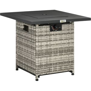 Outsunny Outdoor PE Rattan Gas Fire Pit Table, Patio Square Propane Heater with Rain Cover, Mesh Lid and Lava Stone, 40,000 BTU, Mixed Grey